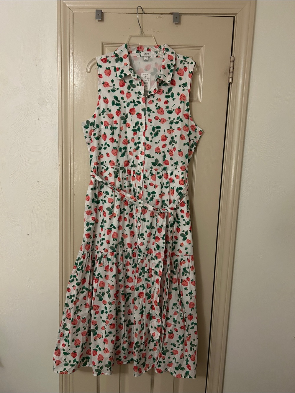 J. Crew White Sleeveless Button-Front Midi Dress with Strawberry Print